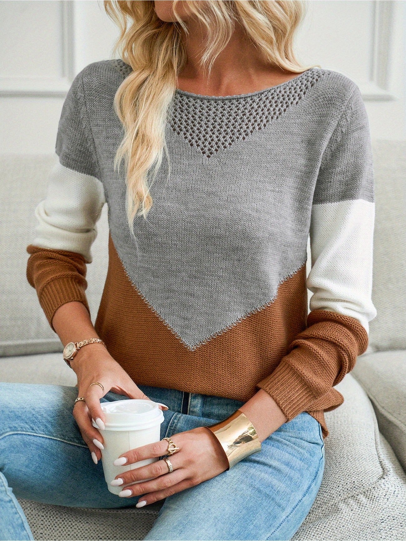 Color Block Knit Sweater for Women