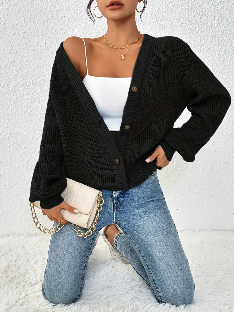 Plain Color Front Button Knitted Cardigan for Women