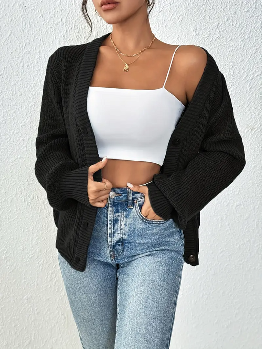 Plain Color Front Button Knitted Cardigan for Women